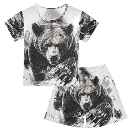 ALAZA Bear Black White Pajamas Set Short Sleeve Cotton Sleepwear Summer Pjs 2 Piece 5-14Y