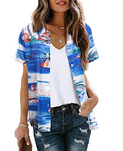 MYHALF Camisas hawaianas para mujer: camisetas con estampado floral tropical, con botones, cuello en V, manga corta, Blanco Azul, Large