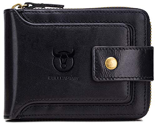BULLCAPTAIN Men Zipper Around Wallet Genuine Leather RFID Blocking Bifold Large Capacity Coin Purse with ID Window (Black)