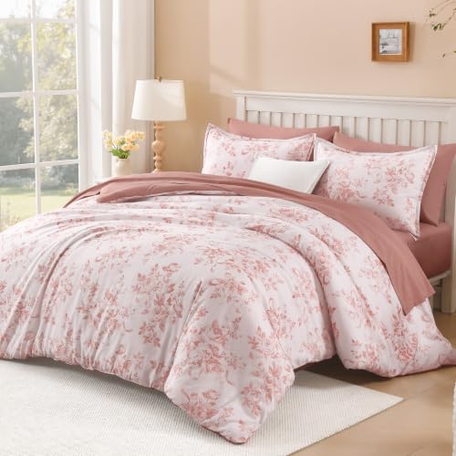 Image of Andency Floral Comforter Full Set, 7 Pieces Pink Rose Flower Bedding Set
