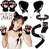 [COZENRE] 猫耳 カチューシャ 肉球手袋 ねこコスチューム 猫耳 しっぽ 蝶結び チョーカー 8点セット 鈴付き ハロウィン 仮装小物 猫 コスプレ 可愛い コスプレ コスチューム 仮装小物 学園祭 舞踏会 ハロウィン（ブラック）