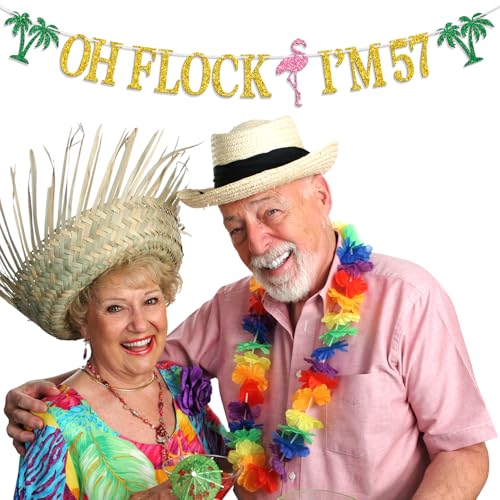 Image of Oh Flock I'm 57 Banner, Glitter Happy 57th Birthday Anniversary Party Decorations, Pineapple Party Decor, Hawaiian Luau Tropical Aloha 57 Theme Party Photo Props
