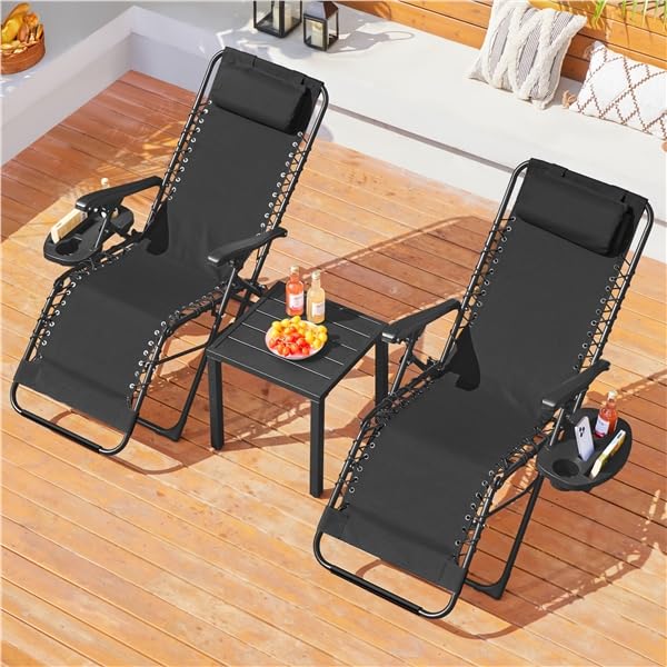 Yaheetech Chaise Longue Pliante Inclinable Bain de Soleil Lot de 2 Zéro Gravité avec Plateau Amovible pour Piscine Jardin Terrasse Charge 114kg Noir