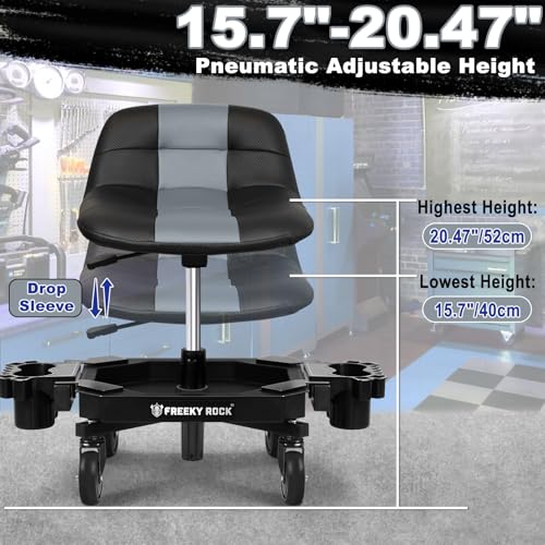 Image of Rolling Stool with Wheels, Adjustable Height Pneumatic Garage Work Mechanic Stool Seat with Backrest, 400 LBS Capacity 360 Swivel Mechanic Crepper Chair with Tool Tray Storage, Gray