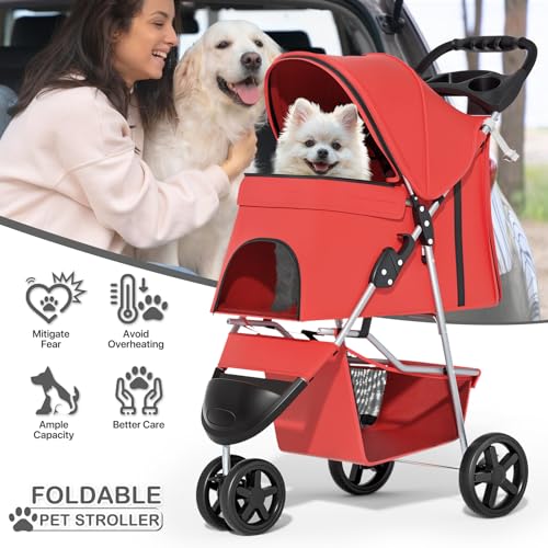 Image of MoNiBloom 3 Wheels Pet Stroller, Foldable Puppy Cage Jogger Stroller with Weather Cover for All-Season, Storage Basket and Cup Holder, Breathable and Visible Mesh for Small /Medium Pets, Red