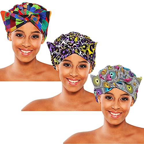 3 Pieces Shower Caps for Women Waterproof Satin Bonnet Bowknot Bathing Cap Reusable Sleep Hair Cap Large Sleeping Cap Hair Cover African Print Adjustable Night Bonnet Sleeping Cap (Vivid Pattern)