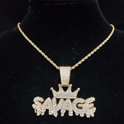 Men Women Hip Hop Crown with SAVAGE Pendant Necklace 13mm Crystal Cuban Chain Iced Out Bling Hiphop Necklaces Fashion Jewelry AM69A (Gold color1-18inch)