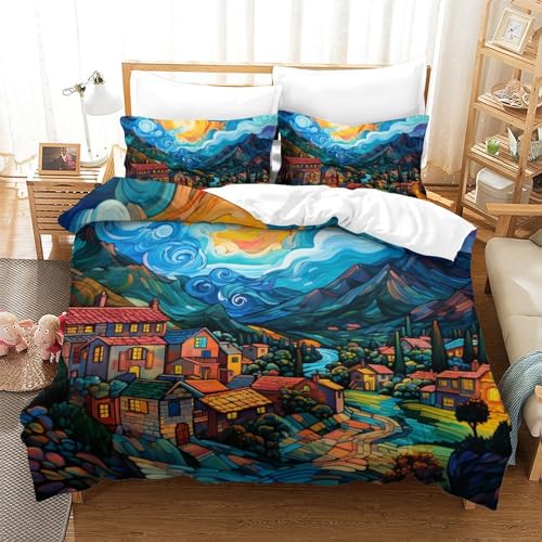 Impreso En 3D Pueblo Juego De Cama De con Cierre De Cremallera Funda De Almohada Funda De Edredón Microfibra Double（200x200cm）