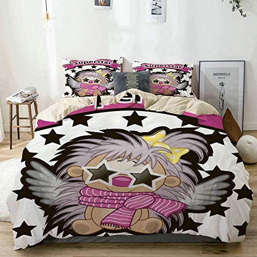 Juego de Funda nórdica Beige, Erizo con Gafas de Estrella en el Fondo de estrellas-231736588, Juego de Cama Decorativo de 3 Piezas con 2 Fundas de Almohada