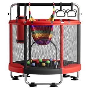 55″ Trampoline for Kids with Enclosure, 440lbs Capacity Indoor & Outdoor Toddler Trampoline with Adjustable Gymnastics Bar & Toys, for Boys & Girls