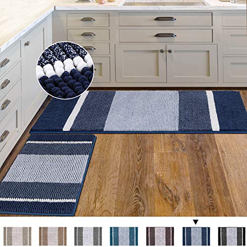 H.versailtex Kitchen Mat 2 Pcs Kitchen Rugs Non Slip Chenille Ombre Dyeing Kitchen Runner Rug Water Absorbent Striped Kitchen Rug Set For Floor Rug Standing Rugs(47" X 17" + 24" X 17", Navy) #TOP25