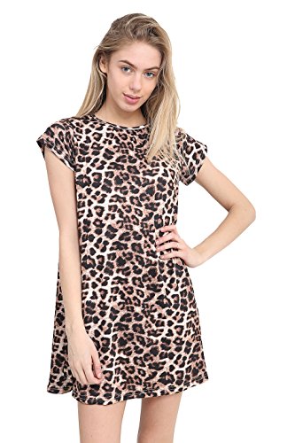 Image of GW CLASSY OUTFIT Women's Cap Sleeve Swing Dress Ladies Casual Summer Dresses Plain & Printed Midi Swing Dress UK Size 8-26 (16-18, Leopard Print)