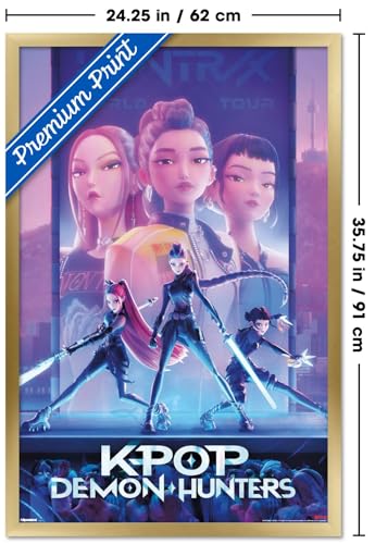 Image of Netflix KPop Demon Hunters (2025) - One Sheet Wall Poster, 34L inch x 22.4W inch, Gold Framed Version