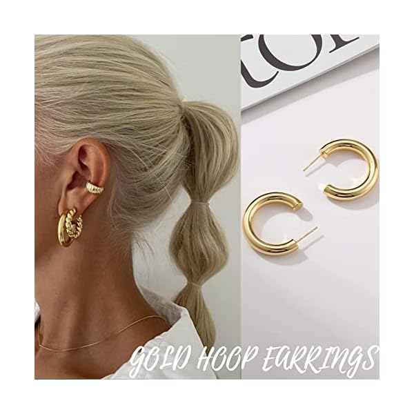 Gold Hoop Earrings Set for Women, 6 Pairs 14K Gold Plated Lightweight Hypoallergenic Chunky Open Twisted Hoops Earrings Pack Jewelry - Image 4