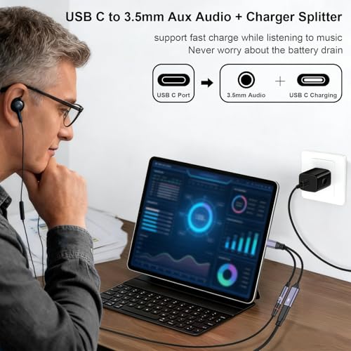 Image of Tobfit USB C to 3.5mm Jack and Charger Adapter, 2-in-1 USB C to Aux Audio Jack Adapter with PD 60W Fast Charging Compatible with iPhone 16 Pro Max /15 Pro Max, Galaxy S24 /S23 Ultra, Pixel, iPad Pro