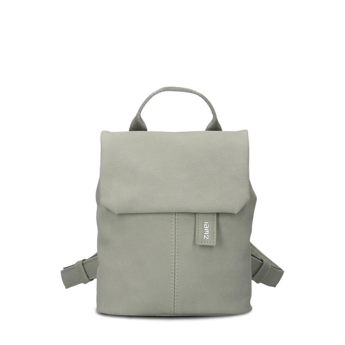 Zwei Kleiner Damenrucksack Mademoiselle.M MR45 Mini-Rucksack 2 Liter klassisch-eleganter Daypack mit Magnet-Verschlussklappe, Reißverschlussfach am Rücken & Schlüsselring (sage)