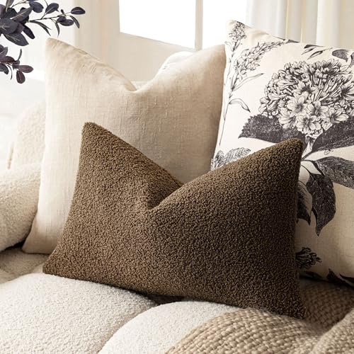 Image of Foindtower Pack of 2, Curly Faux Fur Decorative Throw Pillow Covers Soft Fuzzy Plush Cushion Case with Zipper Cozy Pillowcase for Home Living Room Couch Bed Sofa 12 x 20 Inch,Dark Brown