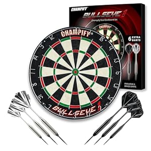 Champify® Dartscheibe Steeldart inkl. 6 Darts – Turniergröße Ø 45 cm – Hochwertiges Sisal Dartboard Set mit 6 Brass Darts & Montagekit – Steeldartscheibe für Anfänger & Fortgeschrittene – Indoor