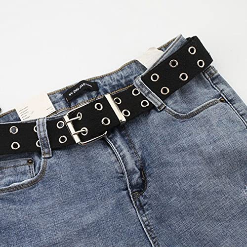 gofidin Punk Canvas Double Grommet Holes Belt 2-Row Studded Women Men Waist Strap Gift(black)3