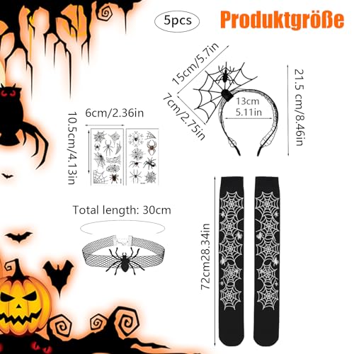 BaiDekun Spinnenkostüm Damen Set inklusive Spinnenweben-Strumpfhosen, Spinnennetz-Zubehör-Set, Spinnen-Gesichtstattoos, Spinnen-Halsbändern, Fledermaus-Kostüm Damen, Karneval