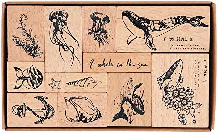Wooden Rubber Stamps, NOGAMOGA 12pcs Marine Animal Patterns Rubber Stamp Set with 11 Sizes, Decorative Rubber Seal for Card, DIY, Paper Crafts, Bullet Journal, Photo Album, Hand Book