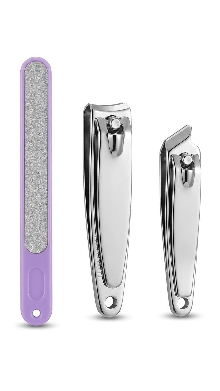 Kit Manicure e Pedicure 3 Peças, Cortador Grande e Pequeno em Aço Inoxidável com Lixa,
