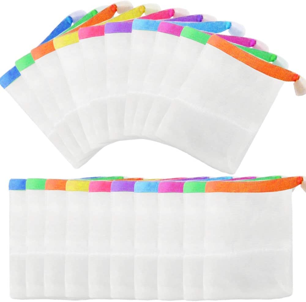 SYOSI 20 Pack Handmade Soap Bubble Mesh Bags, Exfoliating Mesh Soap Bag, Double Layer Foam Net Soap Saver Pouch Bags Body Facial Cleaning Tool(Assorted Colors)