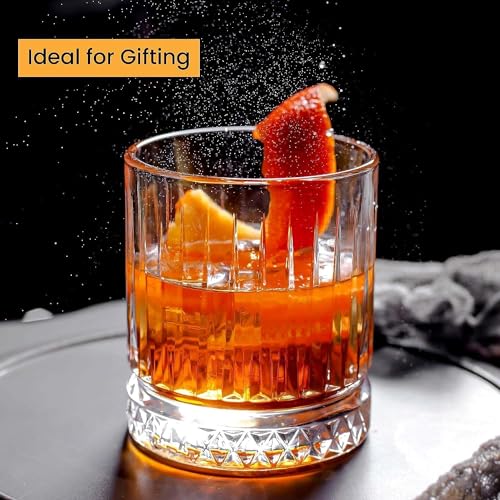 Image of Premium Crystal Whiskey Glass Set of 4, 300 ml Cut Glass Design, Heavy Base Tumbler for Bourbon, Scotch & Cocktails (4, Dark Line)
