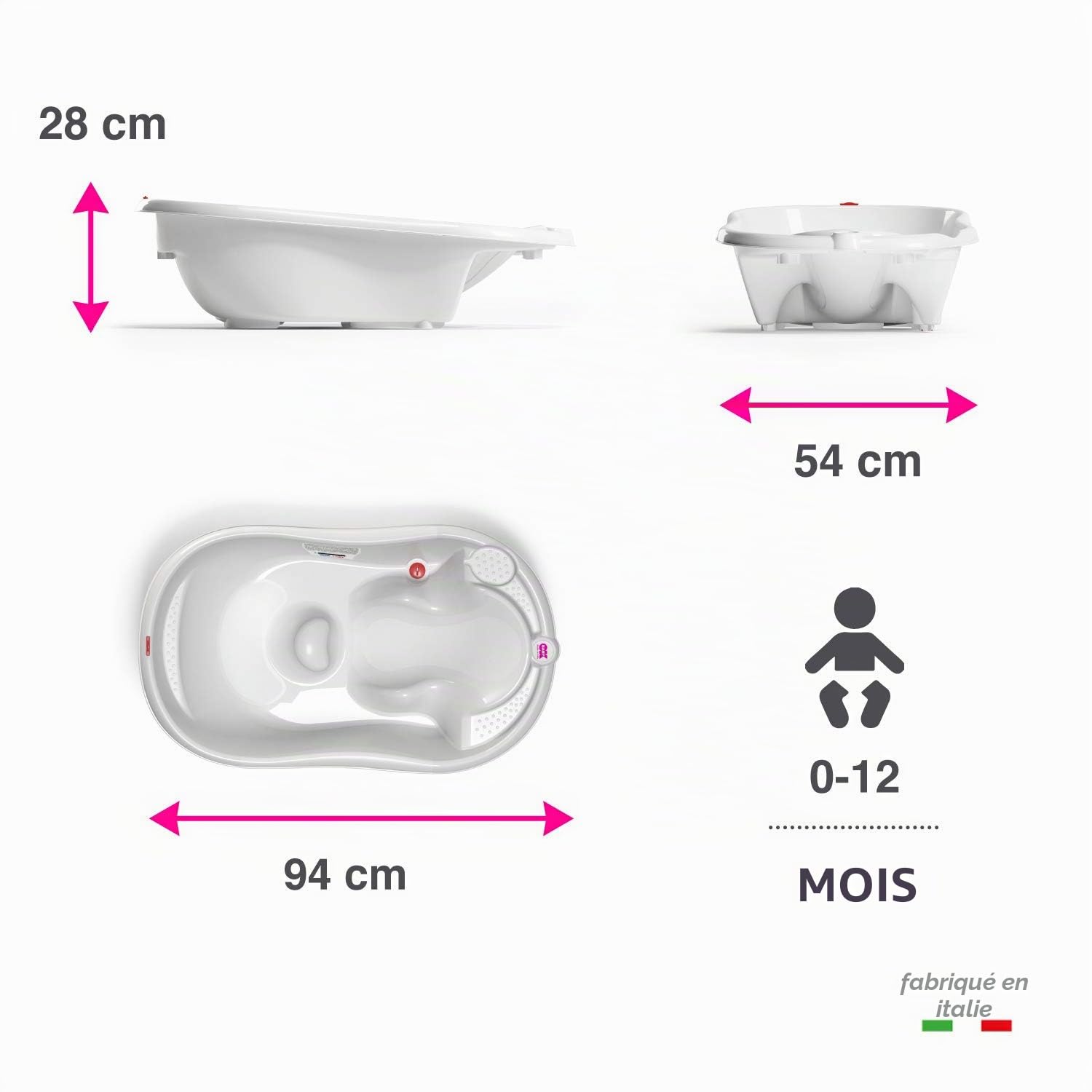 OKBABY Onda Evolution - Baignoire pour le Bain des Nouveau-nés 0-12 Mois, Assise en Gomme Antidérapante - Blanc