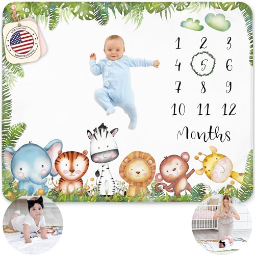 Image of KEMINA BLANKETS Baby Milestone Blanket for Boy, Monthly Milestone Safari Baby Blanket for Boys, Milestone Blanket Animals Theme, Baby Milestone Blanket for Baby Boy Includes Wreath, 50”x40”