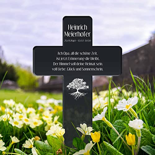 CHRISCK design Personalisiertes Grab Kreuz mit Gravur aus Hochglanz Acrylglas - Grabstecker Grabkreuz als gravierte wetterfeste Grabdeko - Grabschmuck für Urnengrab 11x20 cm (Mit Motiven)…