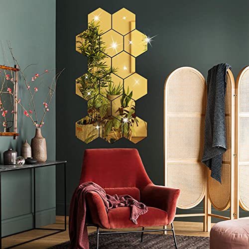 Naildoki Diy Wall Decals Acrylic Mirror Sticker Set 12 Pcs, Hexagon Mirror Wall Stickers For Living Room Bedroom Decor (Gold) #TOP1