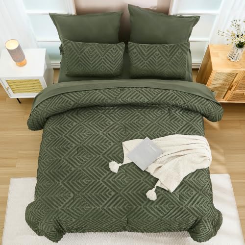 Image of Andency Queen Comforter Set Olive Green - 7 Pieces Bed in a Bag Queen Boho Olive Green Bedding Comforter Sets, Tufted Bed Set with Comforter, Sheets, Pillowcases & Shams