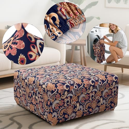 Image of YISUN Ottoman Cover Square, Stretch Printed Ottoman Slipcover Square, Thick Storage Ottoman Covers Washable Footrest Stool Cover Protector with Nonslip Elastic Bottom