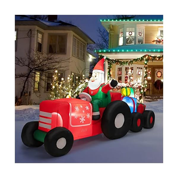 GOPLUS Camion Gonflable de Noël de 270 cm de Long avec Père Noël et Cadeaux, Décoration Noel Extérieur Eclairée, Père Noël Gonflable conduisant Camion transportant des Cadeaux 51iJT7dCezL. SS600