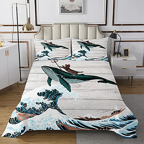 feelingyou Edredón de estilo japonés de 240 x 260 cm, con estampado de ballenas y gatos, para niños y adultos, con diseño de ondas azules, juego de cama con 2 fundas de almohada, poliéster acolchado
