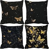 Fundas de Cojines 50X50 CM Juego de 4 Funda Almohada Oro Negro Extra Suaves y Lavables Cojines para Sofa Mariposa Cushion Covers con Cremallera Oculta para Sala de Estar Sofás Camas Sillas Jardín P-T