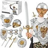 Eurzom 10 Pcs Knight Armor Set Medieval Knight Costume with Helmet Sword Shield Weapons Accessories Birthday Gifts for Dress up Pretend Role Play