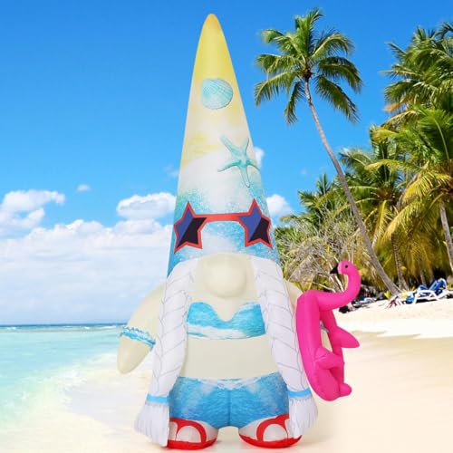 GOOSH 5 FT Summer Inflatables Gnomes Garden Decor with Flamingo, Hawaiian Beach Party Decorations for Yard Tropical Pool Home Porch