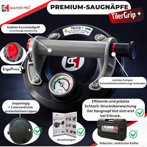 SHAFFER PRO Saugheber Set 2 Stück – Vakuum Glassauger mit Griff – Fliesensaugheber als Hebewerkzeug für Fliesen, Glas, Feinsteinzeug, Granit & Fenster – Tragkraft bis 320 kg