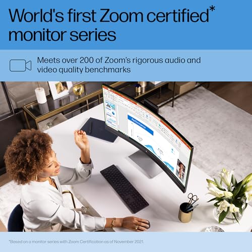 Image of HP E34m G4 32 inch Curved Conferencing MNTR, On-Screen Controls; Anti-Glare; Height Adjustable; Integrated Speakers; Curved Display; Webcam Eye Ease