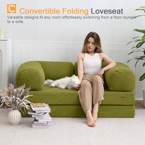 COMAX Folding Sofa Bed Queen, 4-in-1 Convertible Foldable Floor Couch Futon Sofa with Armrests, Sleeper Mattress Fold Out Chair Bed Comfy Portable Lounge Guest for Living Room Bedroom, Light Green