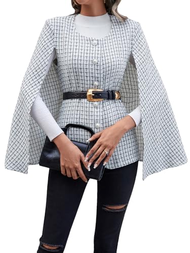 WDIRARA Women's Plaid Print Cloak Sleeve Round Neck Button Front Jacket Blazer Cape Coat