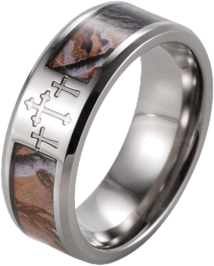 Men's 8mm Titanium Wedding Bands 3 Crosses Tree Camouflage Christian Ring