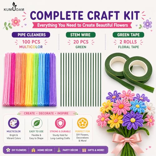 Image of Pipe Cleaners for Craft Flower Making Set, Fuzzy Chenille Stems and Fluffy Sticks with Floral Tape and Wire, for Kids Arts and Crafts (pipe cleaners-100 /stem wire-20 /green tape-2)