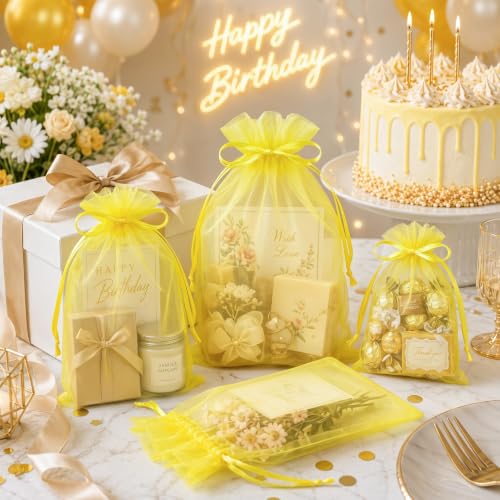 Image of FUNFERY 100PCS Lemon Yellow Sheer Organza Bags 3x4 in, Goodie Bags Bulk | Small Mesh Gift Bag with Drawstring for Wedding Party Favor, Drawstring Pouch for Jewelry, Sachet Bags for Treat, Candy, Soap