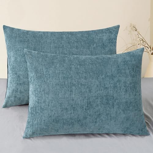 Image of CaliTime Pack of 2 Cozy Standard Pillow Shams Cases for Bed Bedding Decoration Solid Dyed Soft Chenille 20 X 26 Inches Smoke Blue