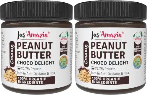 Image of Jus' Amazin Creamy Organic Peanut Butter - Choco Delight (200g) | No Refined Sugar | 26% Protein | 0% Chemicals (No Emulsifiers, INS or E ingredients) | Vegan, Dairy-Free | Chocolate Spread, Chocolate peanut butter