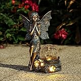 QZVANLON Fairy Garden Statue - Resin Solar Angel Figurines Garden Outdoor Decorations with Solar Crackle Glass Globe Lights, for Lawn Yard Patio Porch, Ornament Gift