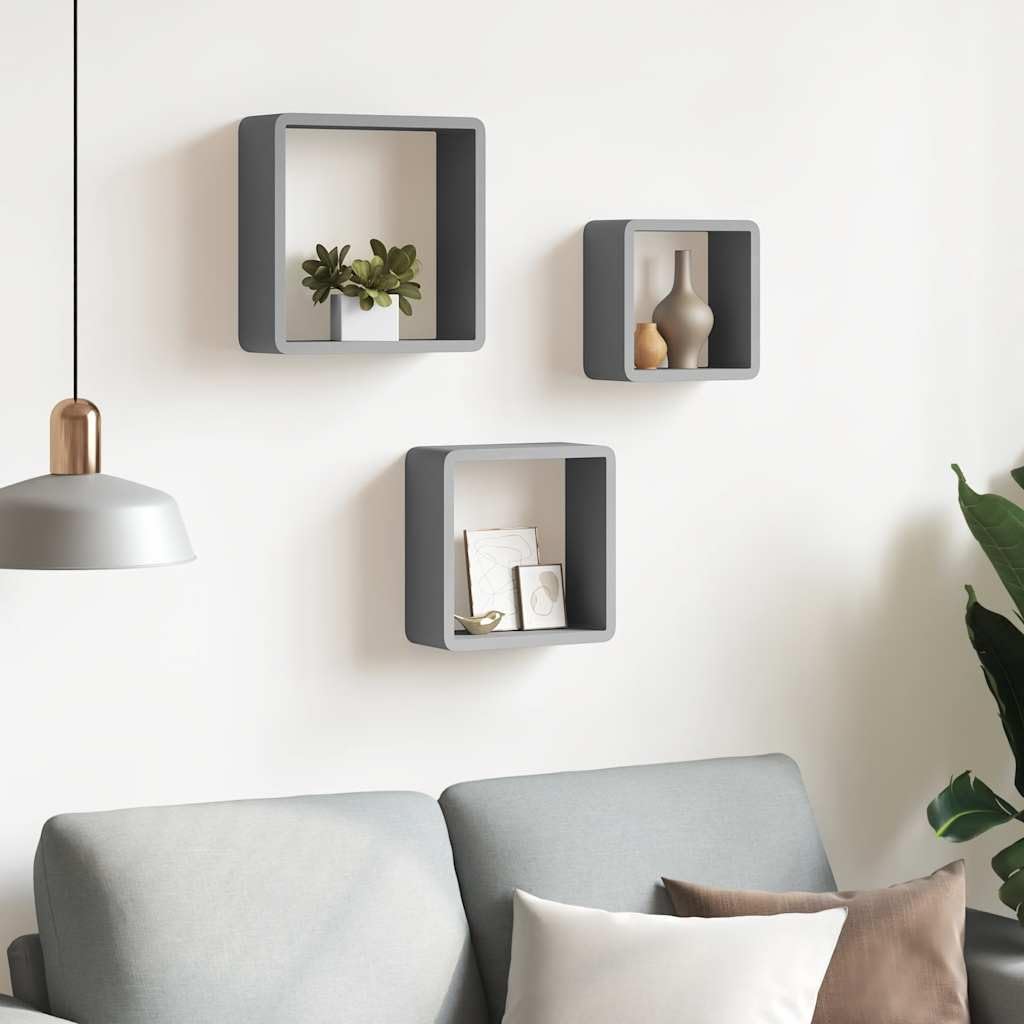 Set di 3 mensole a cubo grigie in MDF, mensole sospese da parete con fissaggio invisibile, per decorazioni, libri e oggetti da collezione, 28/24/20 cm